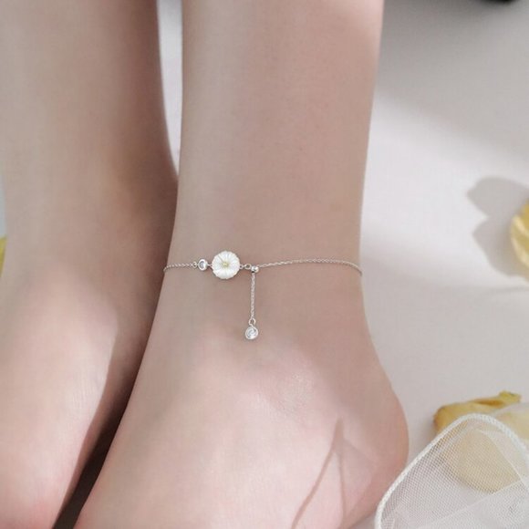 NEW 925 Sterling Silver Shell Diamond Daisy Anklet - Picture 3 of 9